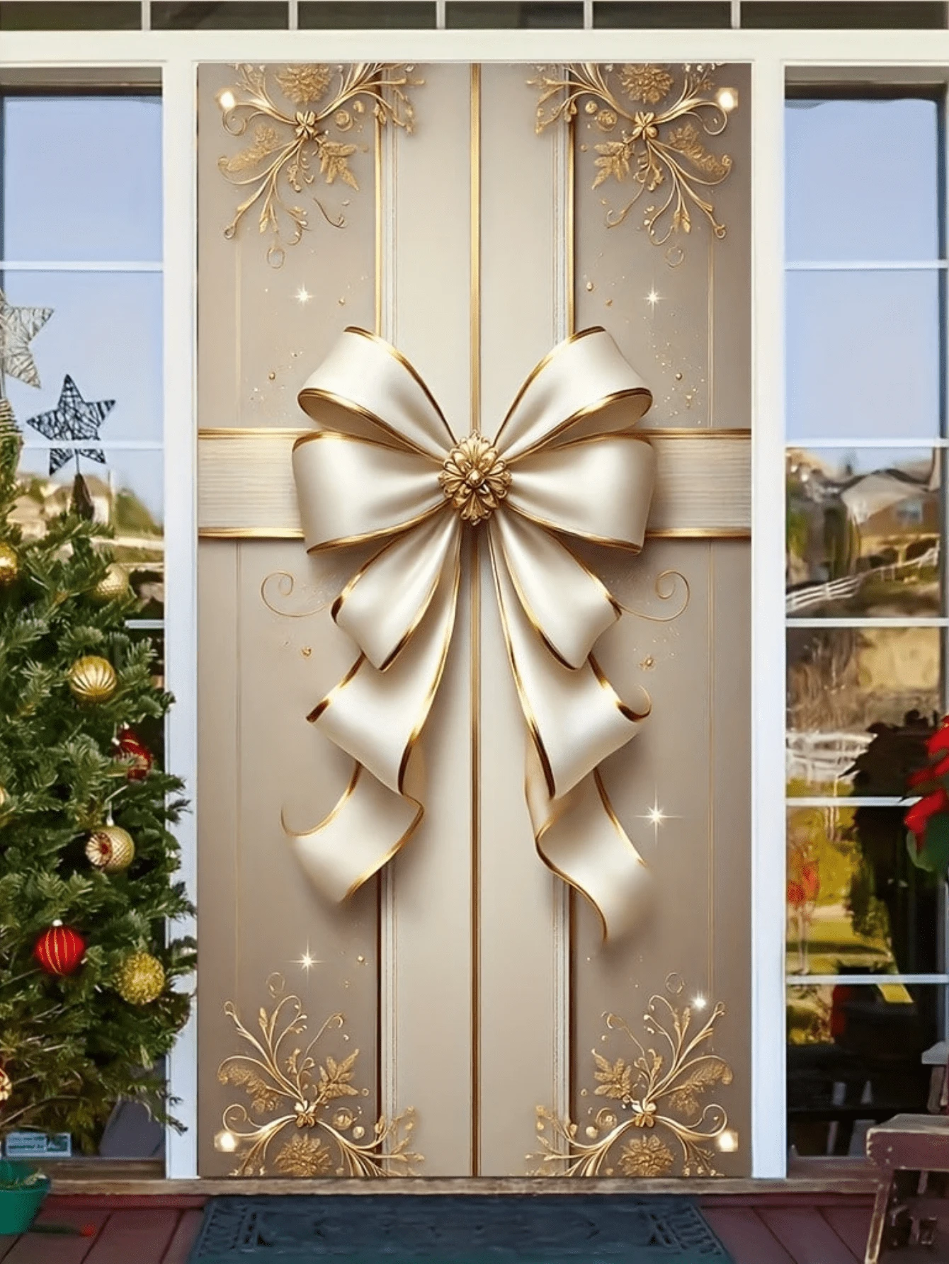 Elegante faixa de porta com laço branco e dourado, decoração de Natal e inverno, 89 x 178 cm, poliéster. - Multicolorido - Ver 1