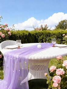 SHEIN 1 tấm khăn trải bàn voan giả ngọc trai màu tím kích thước 160*100cm, khăn trải bàn voan trong suốt dùng cho đám cưới, trang trí cổng cưới, tiệc chiêu đãi, tiệc cô dâu, trang trí tiệc tùng, trang trí ghế, trang trí tường phông nền sự kiện, Ngày Valentine - Màu tím - Xem 3