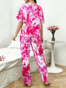 Outfit para Navidad Mujer: Conjunto de Mujer con Estampado de Mariposas, Manga Corta y Pantalones a Cuadros Rojo-Negro/Estampado de leopardo, Conjunto de 2 Piezas para Mujer Suave Transpirable - Tie-dye rosa - Ver 3