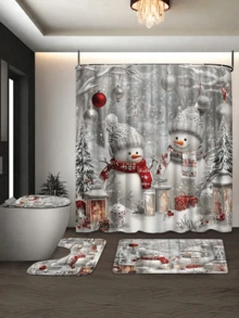 4pcs Winter Snowman Christmas Bathroom Curtain Set With Anti-Slip Bath Mat, U-Shaped Toilet Lid Cover And Rug - Polyester Waterproof Bathroom Decor, Machine Washable, Includes 12 Hooks, Waterproof, Woven Snowflake Pattern - Multicolor - View 12
