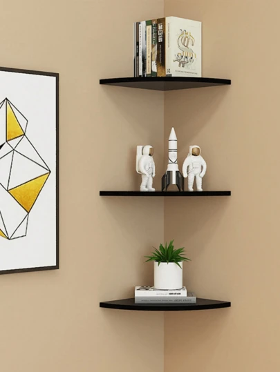 Bộ 2/3 kệ góc treo tường, kệ góc gỗ treo tường, kệ góc gắn tường, kệ trưng bày gắn tường dùng để đựng phụ kiện TV, màn hình, loa, đầu thu truyền hình cáp, máy chơi game (15cm, màu đen)