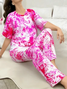 Outfit para Navidad Mujer: Conjunto de Mujer con Estampado de Mariposas, Manga Corta y Pantalones a Cuadros Rojo-Negro/Estampado de leopardo, Conjunto de 2 Piezas para Mujer Suave Transpirable - Tie-dye rosa - Ver 2