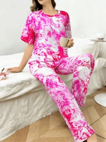 Outfit para Navidad Mujer: Conjunto de Mujer con Estampado de Mariposas, Manga Corta y Pantalones a Cuadros Rojo-Negro/Estampado de leopardo, Conjunto de 2 Piezas para Mujer Suave Transpirable - Tie-dye rosa - Ver 4