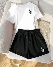 Set de 2 piezas de camiseta y pantalones cortos con estampado de Mano Cadavérica - Blanco - Ver 1