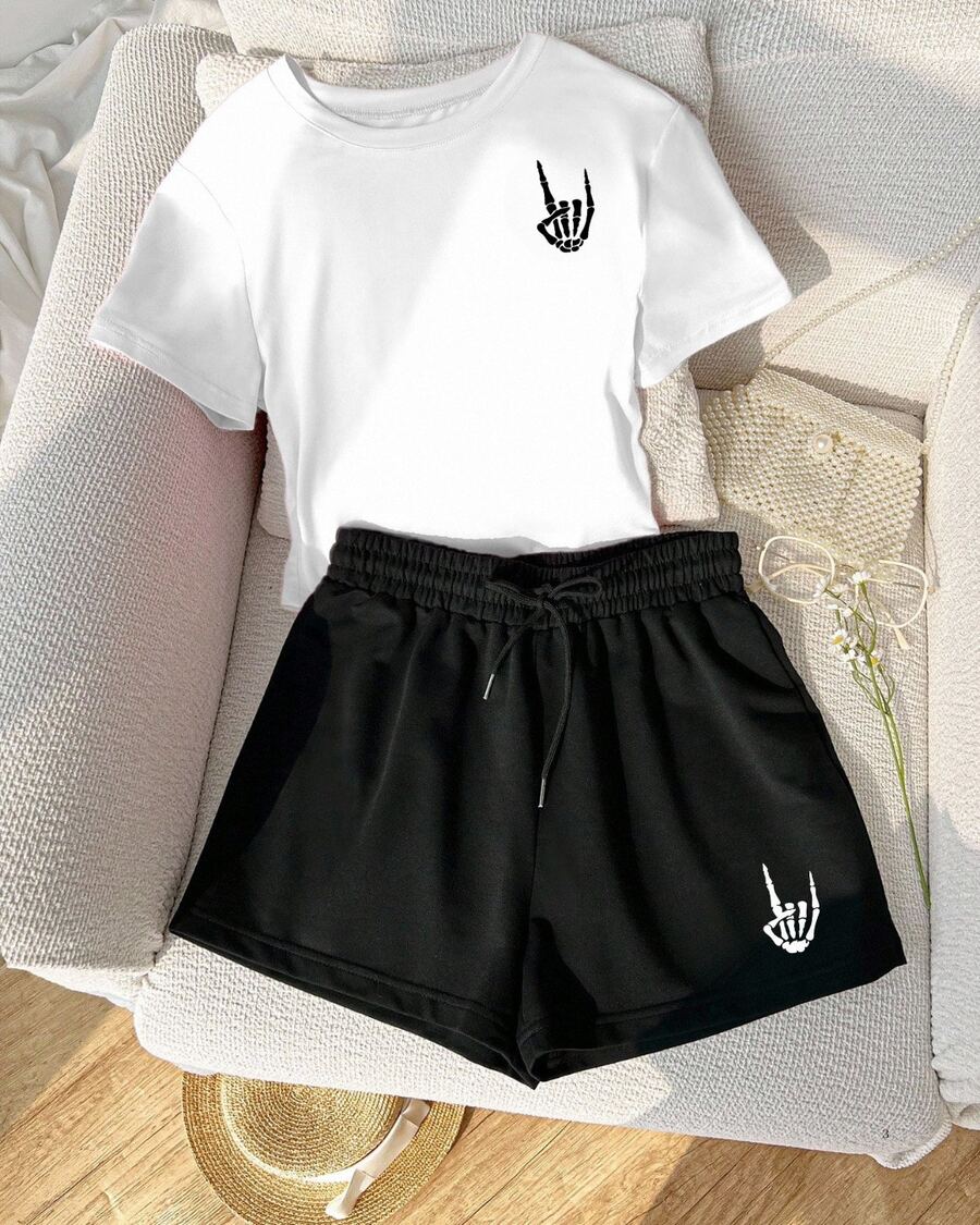 Set de 2 piezas de camiseta y pantalones cortos con estampado de Mano Cadavérica - Blanco - Ver 1