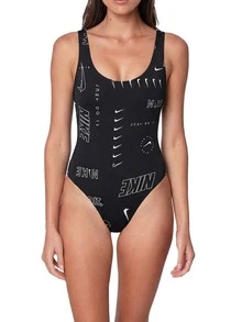 Nike Women's Letter Print Backless One-Piece Swimsuit Black