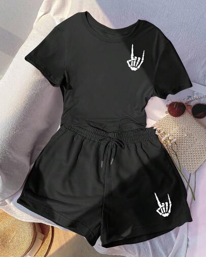 Set de 2 piezas de camiseta y pantalones cortos con estampado de Mano Cadavérica