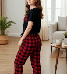 Conjunto de pijama a cuadros para mujer, ropa de Navidad y otoño, Manga Corta , perfecto para festividades , Comodo - Rojo - Ver 2