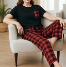 Conjunto de pijama a cuadros para mujer, ropa de Navidad y otoño, Manga Corta , perfecto para festividades , Comodo - Rojo - Ver 1