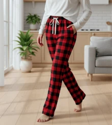 Pantalon de pijama con top de manga corta con estampado a cuadros y pantalón largo de dormir a cuadros con bolsillos para mujer - Rojo - Ver 1