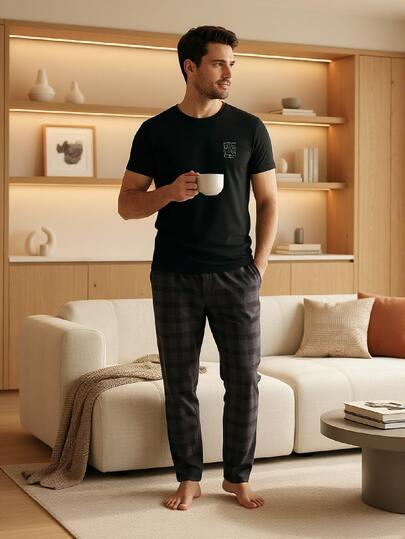 Set de 2 piezas de pijama casual y holgado de unicolor para hombres, con parte superior de cuello redondo y pantalones largos a cuadros, ropa de dormir ligera para regalo de San Valentín y Año Nuevo, ropa de otoño e invierno