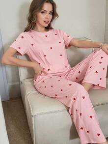 Conjunto de Pijama para Mujer con Estampado de Corazones – Manga Corta, Tela de Punto Multicolor, Ideal para San Valentín y Festividades, Tejido de Punto, Cómodo y Festivo - Rosa - Ver 1