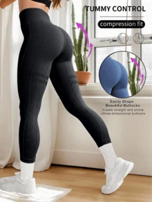 Pantalones de yoga para mujeres, pantalones de base deportivos de alta elasticidad sin costura, para mujeres, adecuados para correr, montar, hacer ejercicio y una variedad de escenas deportivas diseño de cintura ancha - 06CK negro - Ver 5