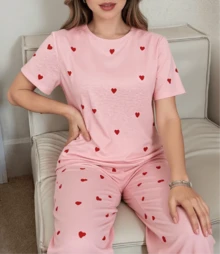 Conjunto de Pijama para Mujer con Estampado de Corazones – Manga Corta, Tela de Punto Multicolor, Ideal para San Valentín y Festividades, Tejido de Punto, Cómodo y Festivo - Rosa - Ver 4
