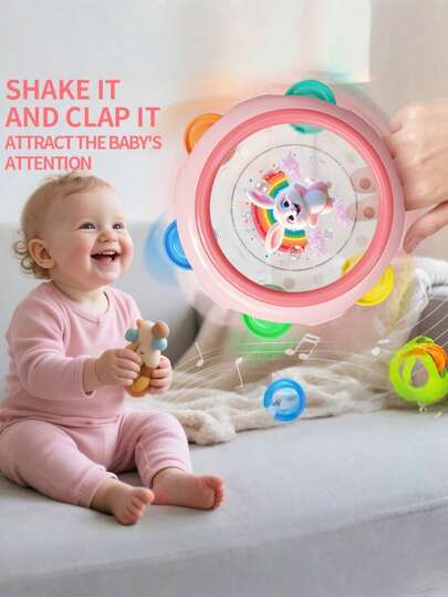 1个粉色兔子摇铃玩具，婴儿感官学习玩具，听觉发育可咀嚼磨牙器，新生儿免费礼物