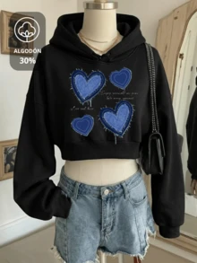Sudadera CROP hoodie sweatshirt dama mujer gorro capucha manga larga estampado corazón tipo mezclilla otoño invierno - Negro - Ver 1