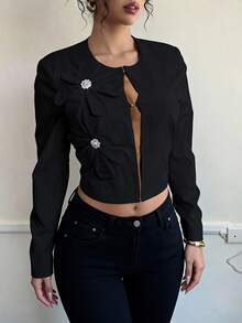 Chaqueta blazer corta de moda para damas (Otoño/Invierno) | Detalle de flores 3D con piedras brillantes, diseño de abertura vacía | Estilo chic y atrevido, ideal para citas y fiestas con aire sexy y relajado - Negro - Ver 3