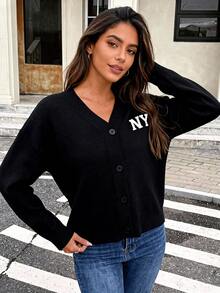 Cardigan de punto con letras - Temporada otoño-invierno | Cuello en V con cierre de botones, cálido y suave como nube | Prenda casual americana, fácil de combinar para trabajo y ocaciones cotidianas - Negro - Ver 2