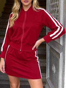 Set de dos piezas de estilo deportivo para otoño/invierno | Chaqueta bomber con cremallera + falda ajustada | Suave y cómoda al tacto, ideal para atuendos chic y relajados para salir diariamente - Rojo - Ver 4