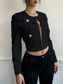 Chaqueta blazer corta de moda para damas (Otoño/Invierno) | Detalle de flores 3D con piedras brillantes, diseño de abertura vacía | Estilo chic y atrevido, ideal para citas y fiestas con aire sexy y relajado - Negro - Ver 2