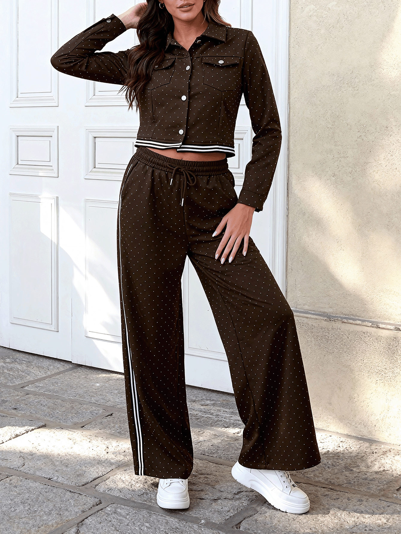 Dos piezas con brillos finos - Temporada otoño-invierno | Chaqueta corta y pantalones amplios, conjunto versátil de moda para atuendo casual diario - Marrón - Añade 3