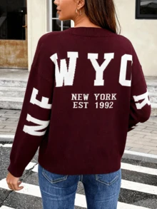 Cardigan de punto con letras - Temporada otoño-invierno | Cuello en V con cierre de botones, cálido y suave como nube | Prenda casual americana, fácil de combinar para trabajo y ocaciones cotidianas - Burdeos - Ver 2