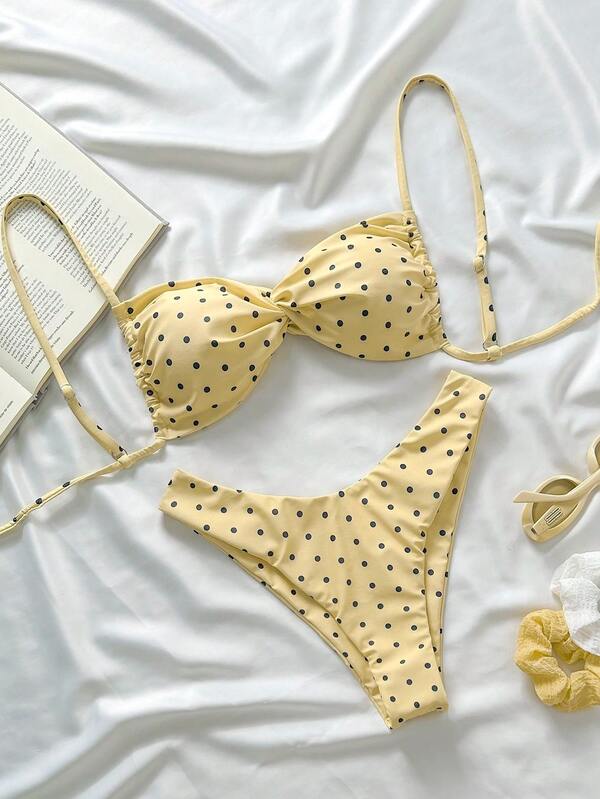 Conjunto de bikini para mujer con estampado de lunares aleatorio, tirantes finos y corte alto sexy para el verano y la playa