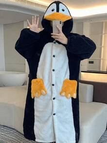 女士冬季企鹅睡衣，舒适保暖的带帽企鹅睡衣，保暖抓绒长袖连帽睡衣，带毛茸茸的爪子口袋，可机洗，宽松版型，适合主题派对和日常穿着，可爱的动物连体衣，柔软保暖内衬，纽扣前襟设计，俏皮的企鹅图案，是温暖秋冬季装饰的完美之选，也是冬季礼物和新年礼物。 - 彩色 - 查看 3