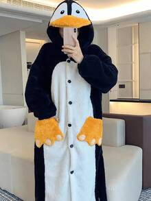 女士冬季企鹅睡衣，舒适保暖的带帽企鹅睡衣，保暖抓绒长袖连帽睡衣，带毛茸茸的爪子口袋，可机洗，宽松版型，适合主题派对和日常穿着，可爱的动物连体衣，柔软保暖内衬，纽扣前襟设计，俏皮的企鹅图案，是温暖秋冬季装饰的完美之选，也是冬季礼物和新年礼物。 - 彩色 - 查看 2