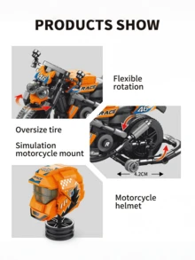 Racing Motorcycle Building Block Set - Orange & Black Mechanical Model With Helmet Accessory, Collectible Assembled Toy (Piece Count: 403pcs) - Multicolor - View 5