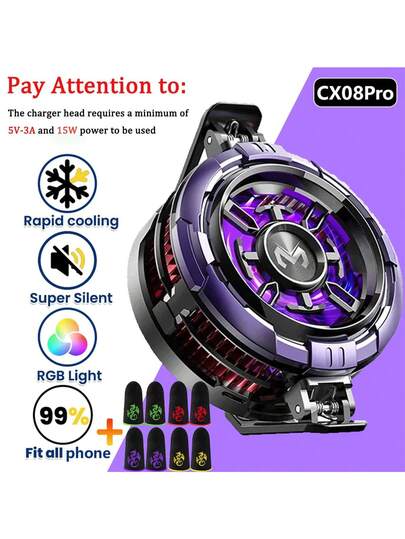 MEMO CX08 2025 New Magnetic Cooling Heat Dissipator, Quick Cooling Phone Cooler, [5V-3A] 15W Charger Adapter Powered No Battery, High-Power For Smartphone, Tablet, Live Streaming, Gaming, Comes With 4 Gaming Finger Sleeves