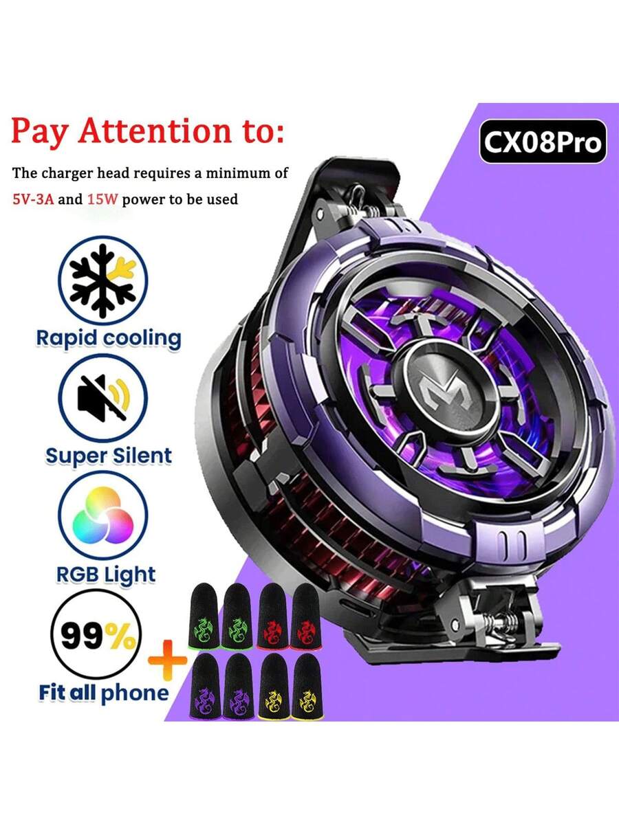 MEMO CX08 2025 新款磁吸散热器，快速冷却手机散热器，[5V-3A] 15W 充电器适配器供电（不含电池），适用于智能手机、平板电脑、直播、游戏等，附赠 4 个游戏指套 - 橘色 - 查看 1