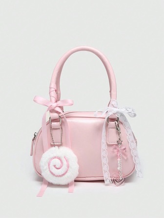 Kawaii Borsa a mano mini da donna in stile ballerina con decorazione a perla e fiocco, borsa alla moda color borgogna, borsetta alla moda con fiocco per donna