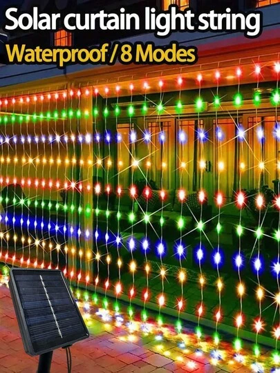 SHEIN 1 قطعة إضاءة ستارة شمسية 100 مصباح LED، إضاءة خارجية، مقاومة للماء بمعيار IP65، 8 أوضاع إضاءة، أضواء جنية لحفلات الزفاف والمنزل والغرفة والحديقة والجدران، قياس 100 سم * 300 سم