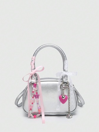 Kawaii حقيبة يد صغيرة أنيقة بطراز الباليه مزينة بالخرز الأحمر والفيونكة، حقيبة عصرية باللون البرغندي، حقيبة نسائية عصرية مزينة بفيونكة، حقيبة حمراء