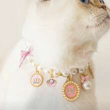 1pc Bowknot Pet Collar With Bell, Cute Pearl Decorated Pet Necklace - Pink - View 2