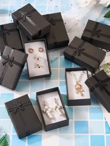 12件套大容量多抽屉珠宝礼品收纳盒，黑色/红色，优雅优质纸板，柔软内衬，圆角设计，安全闭合，无需组装。奢华婚礼、生日、周年纪念礼品盒，珠宝收纳，家居装饰，浪漫礼物，时尚包装。 - 黑色 - 查看 5