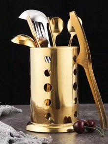 1pc Stainless Steel Tableware Rack, Minimalist Hollow Out Tableware Organizer Rack For Kitchen - Gold - View 3