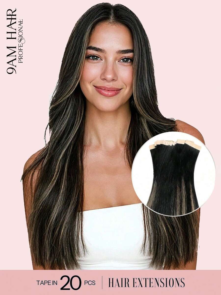 9AM Hair 20PCS Straight Tape In 100% Human Hair Extensions 14-24inches 50G/Pack For Salon Natural High Quality Real Remy Human Hair Silky Seamless Invisible PU Tape In Hair Extensions Winter Christmas Halloween Costumes Autumn Outfits Women Fall Outfits - S1B/19/1B - View 1