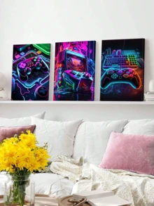 3Pcs Gaming Gear Poster, Neon Tech Aesthetic Wall Art, Arcade Machine Art Prints, Rgb Lighting Canvas Print, Futuristic Design Wall Decor, Controller Art Poster, Artwork, Home Decor, Room Aesthetic, Posters, Gift For Friends - 3Pcs/Set - View 3
