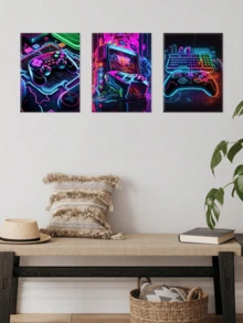 3Pcs Gaming Gear Poster, Neon Tech Aesthetic Wall Art, Arcade Machine Art Prints, Rgb Lighting Canvas Print, Futuristic Design Wall Decor, Controller Art Poster, Artwork, Home Decor, Room Aesthetic, Posters, Gift For Friends - 3Pcs/Set - View 4