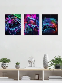 3Pcs Gaming Gear Poster, Neon Tech Aesthetic Wall Art, Arcade Machine Art Prints, Rgb Lighting Canvas Print, Futuristic Design Wall Decor, Controller Art Poster, Artwork, Home Decor, Room Aesthetic, Posters, Gift For Friends - 3Pcs/Set - View 5