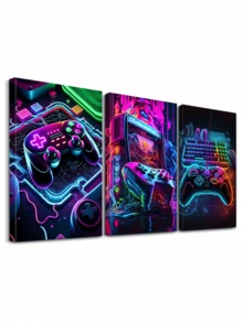 3Pcs Gaming Gear Poster, Neon Tech Aesthetic Wall Art, Arcade Machine Art Prints, Rgb Lighting Canvas Print, Futuristic Design Wall Decor, Controller Art Poster, Artwork, Home Decor, Room Aesthetic, Posters, Gift For Friends - 3Pcs/Set - View 1