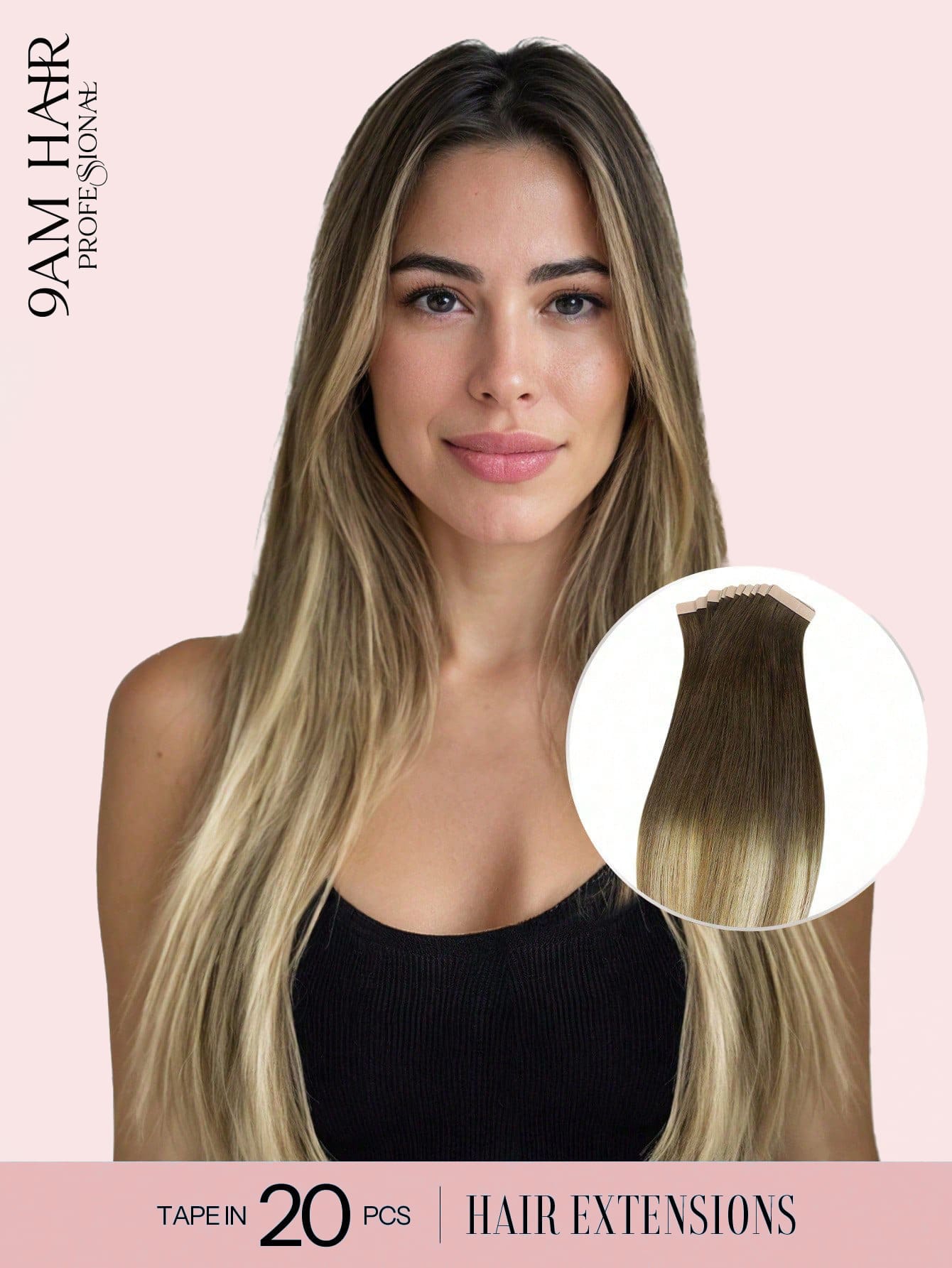 9AM Hair 20 件直发胶带接发 100% 真人发 14-24 英寸 50 克/包 适用于沙龙天然高品质真人发丝滑无缝隐形 PU 胶带接发万圣节服装 - S3/8/613 - 查看 1