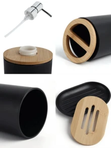 1件套浴室用品，带竹盖 - 可重复使用的乳液瓶、漱口杯、牙刷架和皂碟，水疗和梳妆台装饰，浴室配件，现代防水竹制收纳盒 - 黑色 - 查看 5