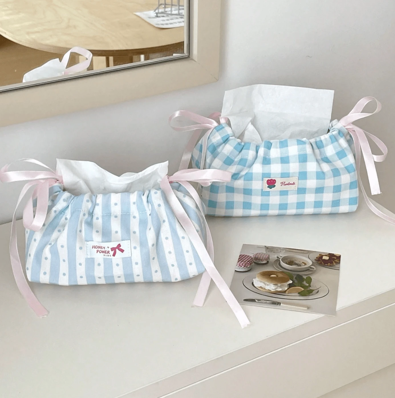 Korean-Style INS-Style Drawstring Tissue Box, Blue And White Plaid Fabric Storage Bag, Home Atmosphere Desktop Decoration | Coffee Table/Dining Table/Car Multi-Functional Tissue Cover, Minimalist And Stylish Must-Have For Home - Multicolor - View 1