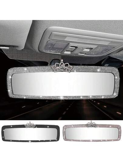 1PC Universal Rhinestone Crystal Car Rear View Mirror With Crown, Oblong Shape, Non-Prescription Glasses, Sparkling Rhinestone Interior Accessories Suitable For Most Cars