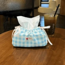 Korean-Style INS-Style Drawstring Tissue Box, Blue And White Plaid Fabric Storage Bag, Home Atmosphere Desktop Decoration | Coffee Table/Dining Table/Car Multi-Functional Tissue Cover, Minimalist And Stylish Must-Have For Home - Multicolor - View 2