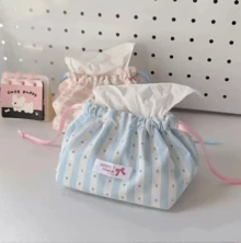 Korean-Style INS-Style Drawstring Tissue Box, Blue And White Plaid Fabric Storage Bag, Home Atmosphere Desktop Decoration | Coffee Table/Dining Table/Car Multi-Functional Tissue Cover, Minimalist And Stylish Must-Have For Home - Multicolor - View 3