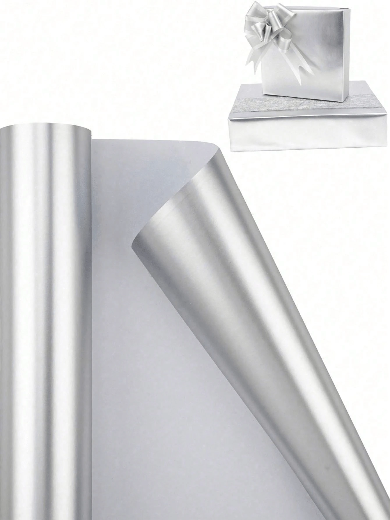 Rollos de papel de regalo - Papel de regalo de unicolor plateado mate perfecto para fiestas navideñas, bodas de invierno, Día de la Madre, cumpleaños, ramos DIY, Año Nuevo, fiestas de regalos - Plateado - Ver 1